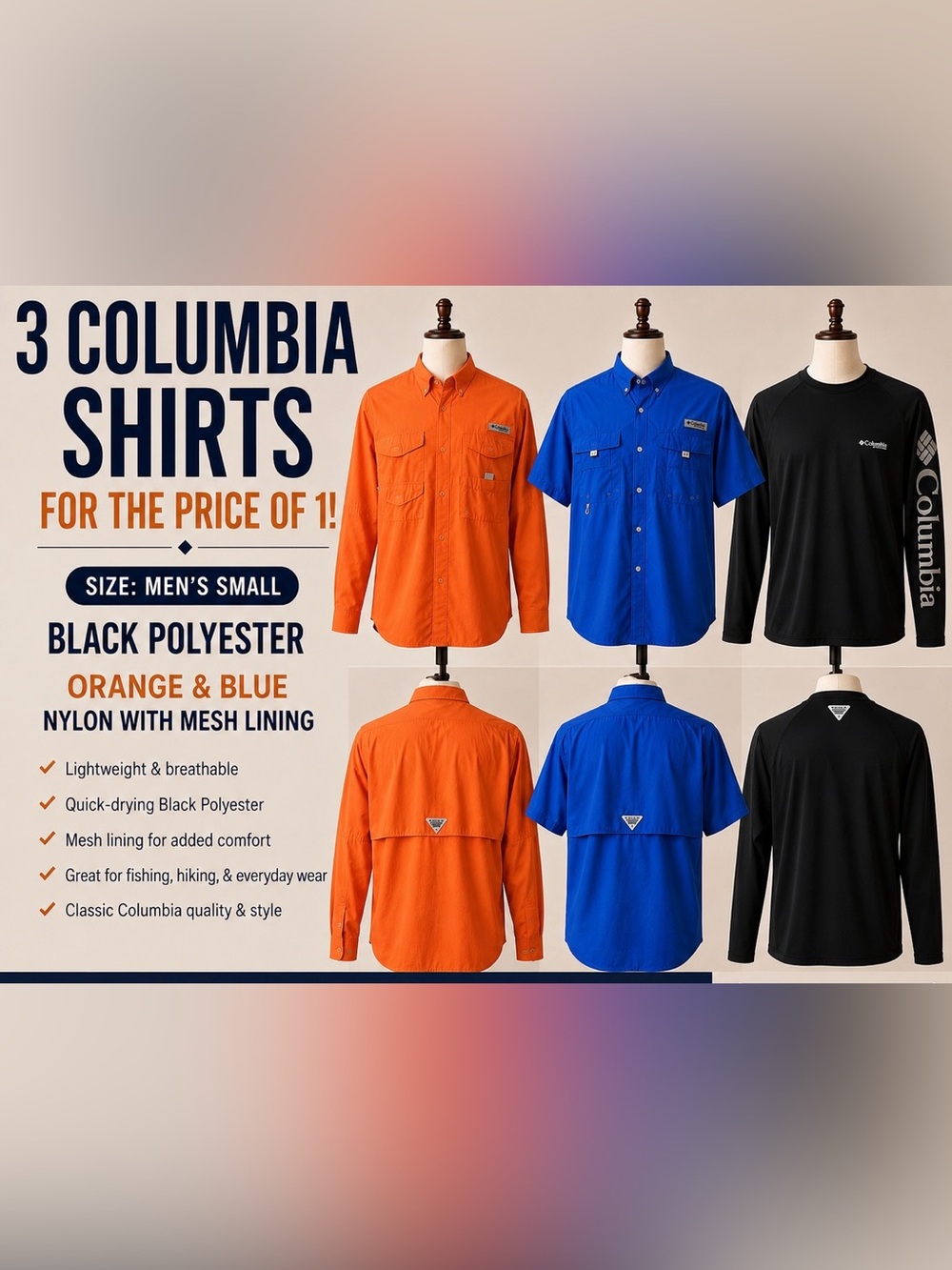Columbia Orange and Blue Short-Sleeve & Long-Sleeve Fishing Shirts